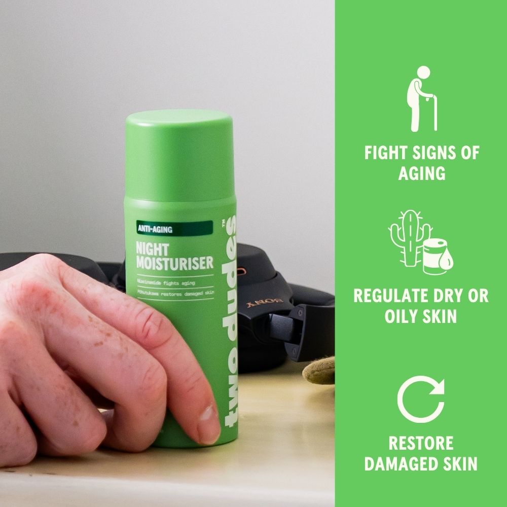 Two Dudes night moisturiser benefits panel