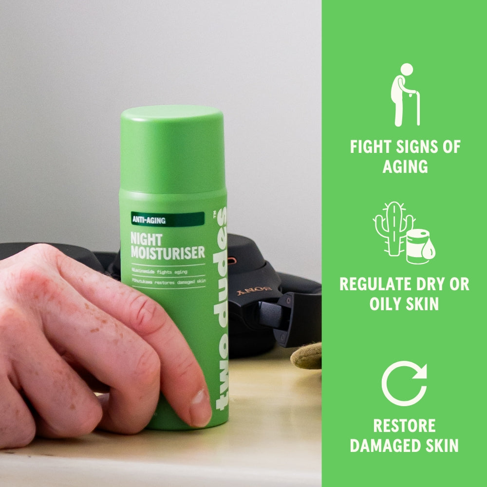 Two Dudes night moisturiser benefits panel