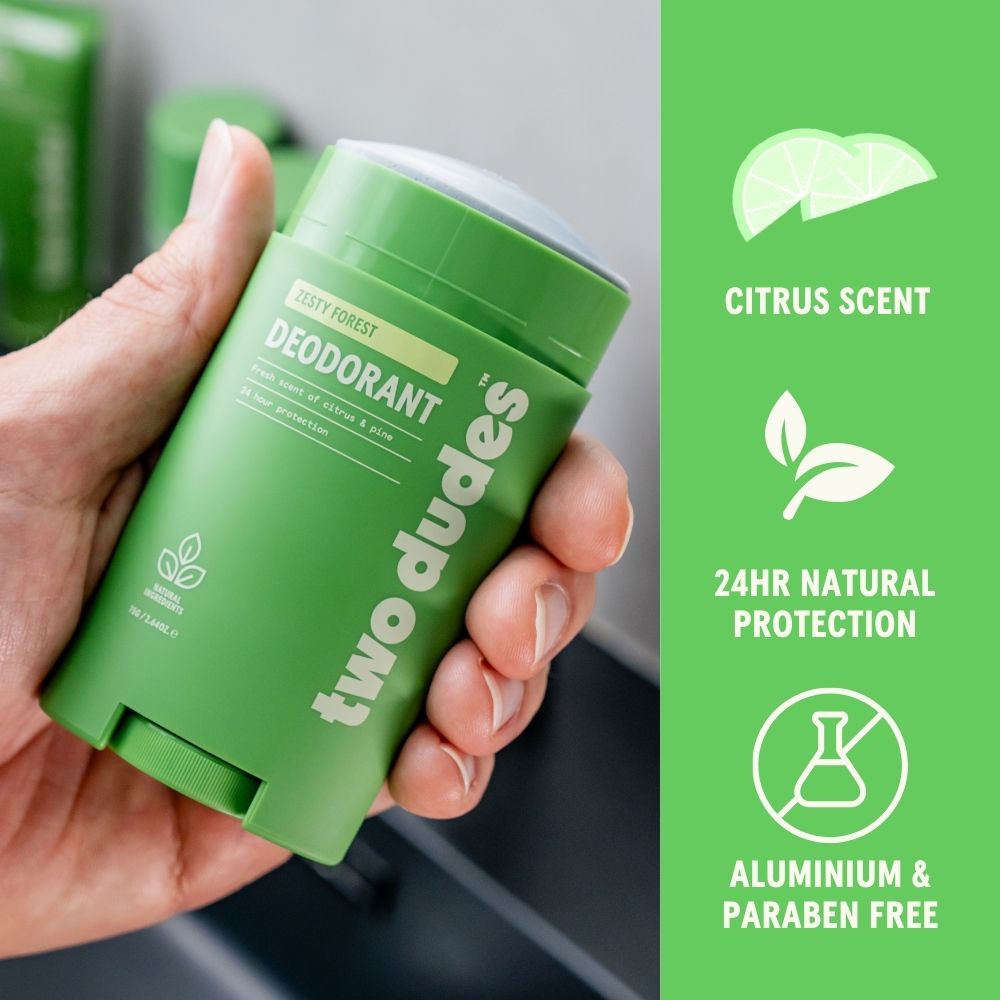 Two Dudes Zesty Forest deodorant benefits panel