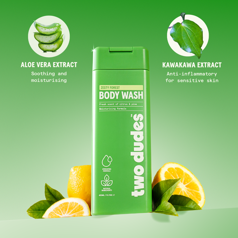 Two Dudes Zesty Forest body wash ingredients panel