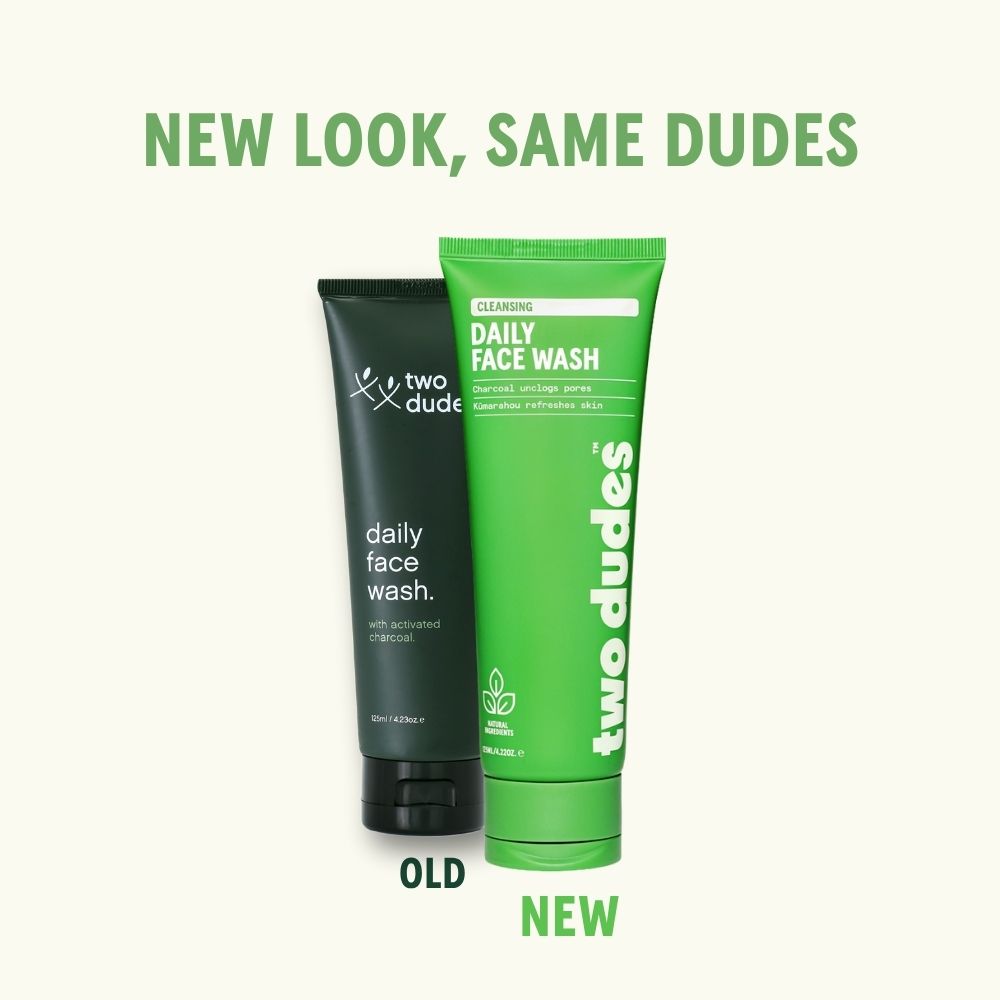 Two Dudes daily face wash old formula next to the new one