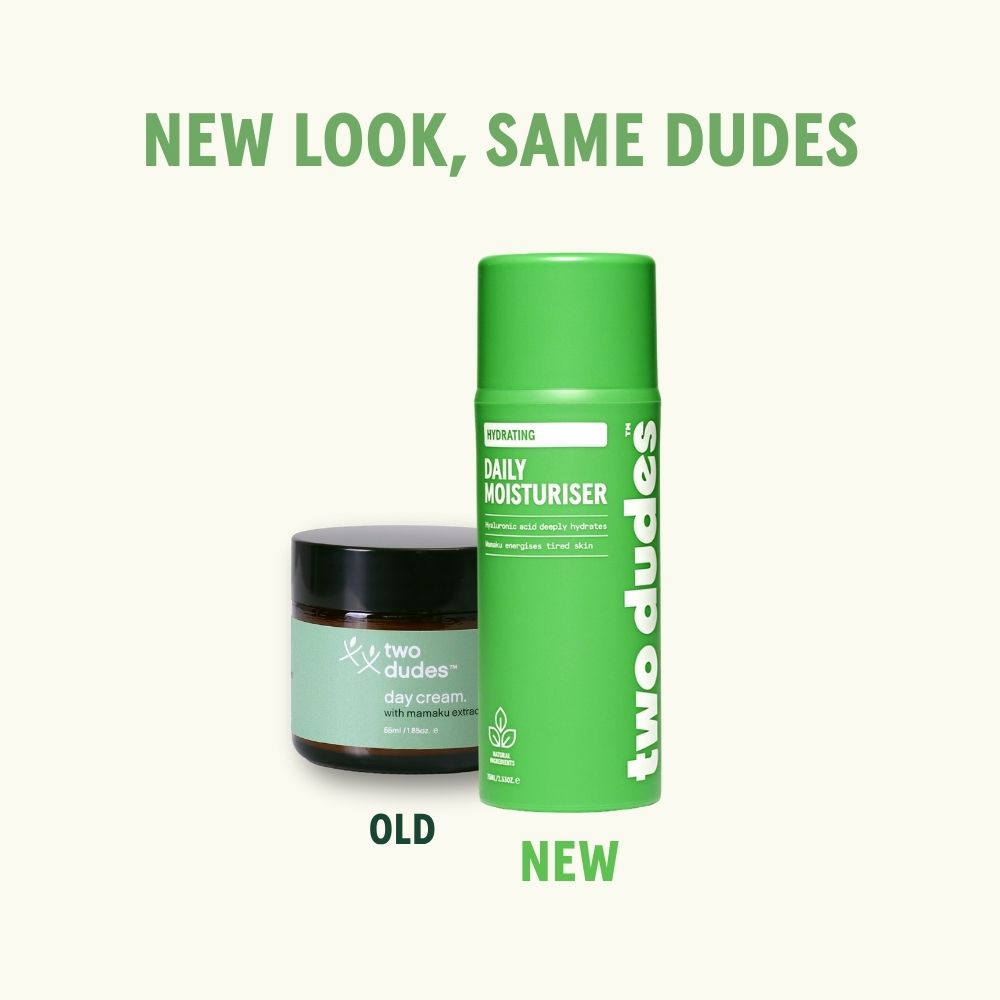 Two Dudes daily moisturiser old formula next to the new one