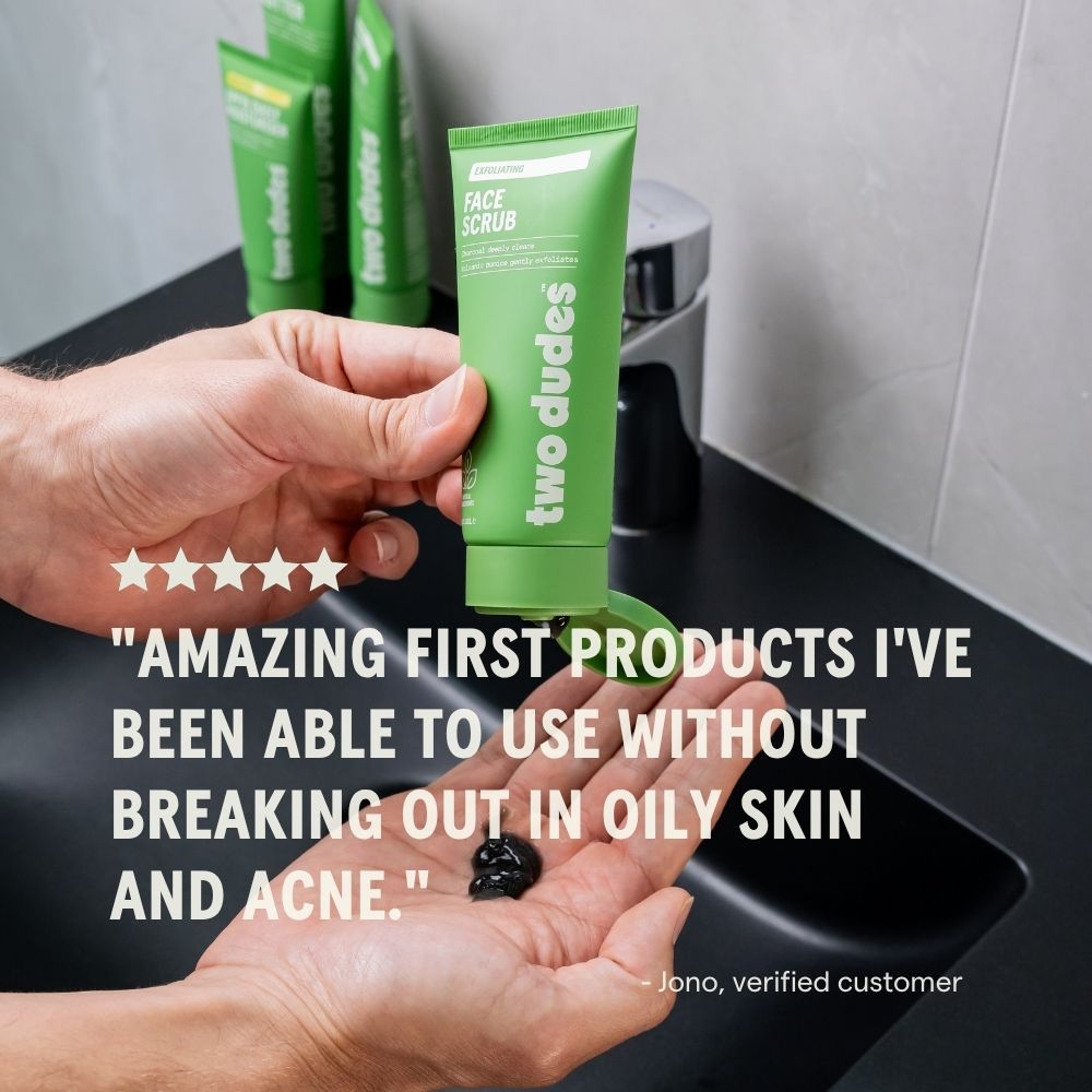Two Dudes face scrub customer review card