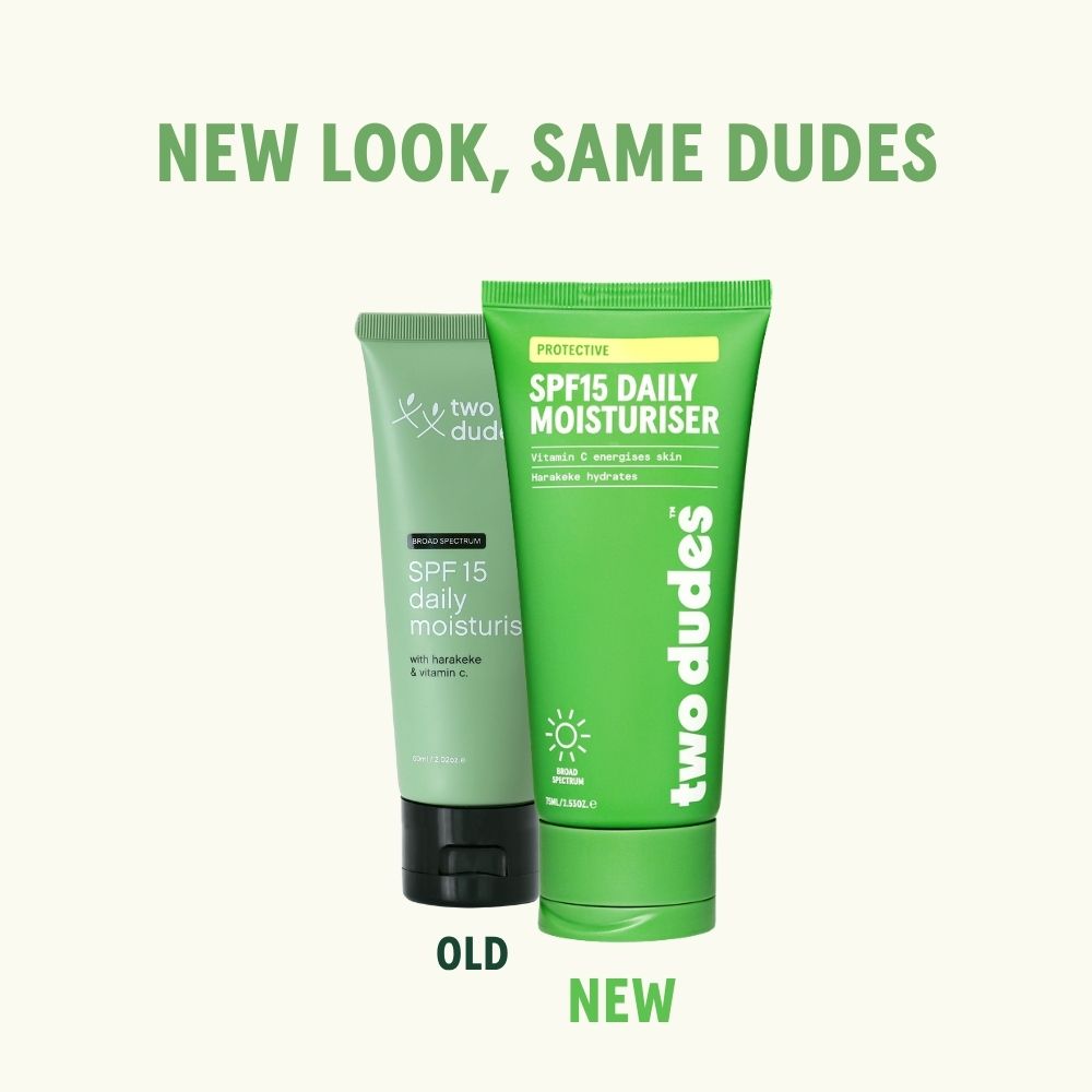 Two Dudes SPF15 daily moisturiser old formula next to the new one