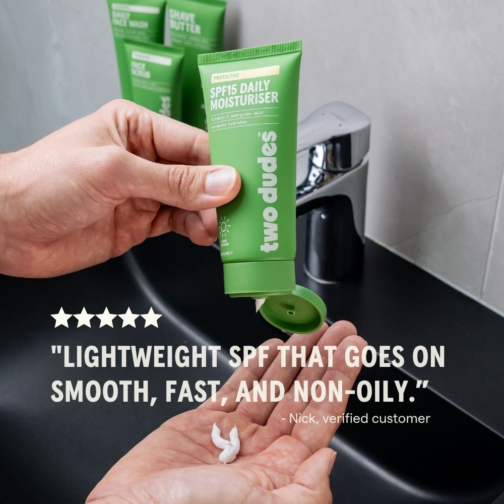 Two Dudes SPF15 daily moisturiser customer review card