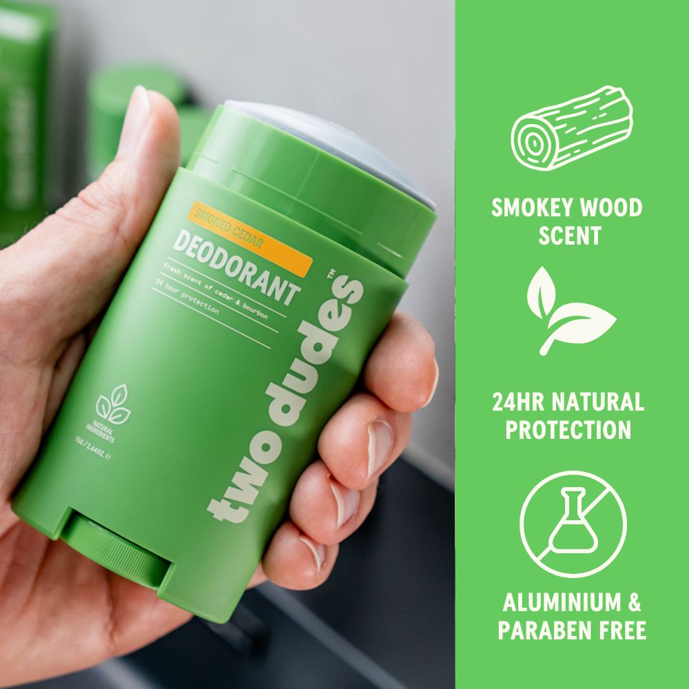 Two Dudes Smoked Cedar deodorant benefits panel