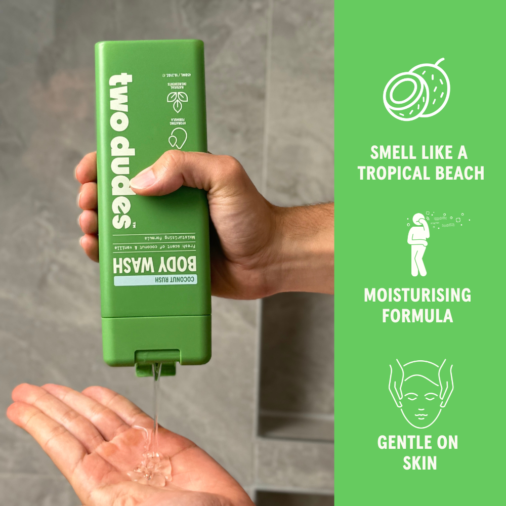 Two Dudes Coconut Rush body wash benefits panel