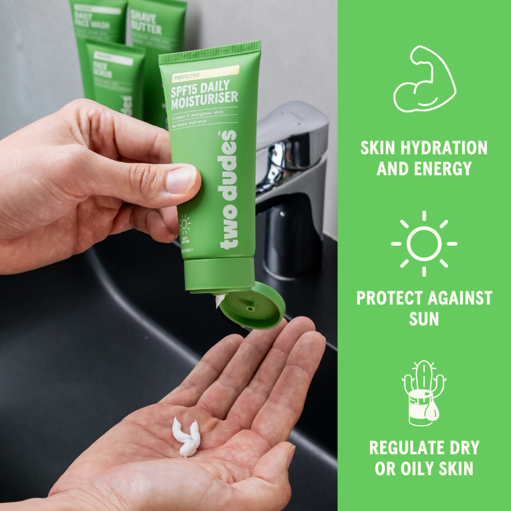 Two Dudes SPF15 daily moisturiser benefits panel