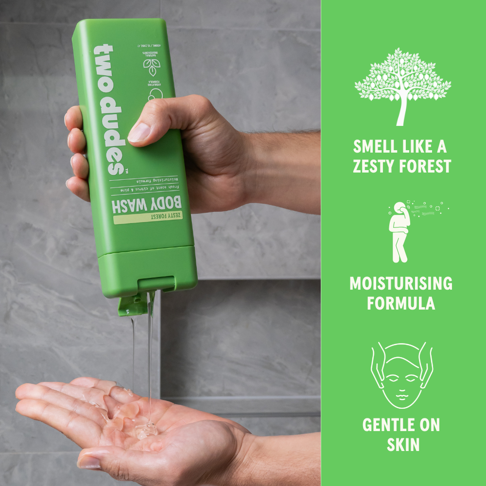 Two Dudes Zesty Forest body wash benefits panel