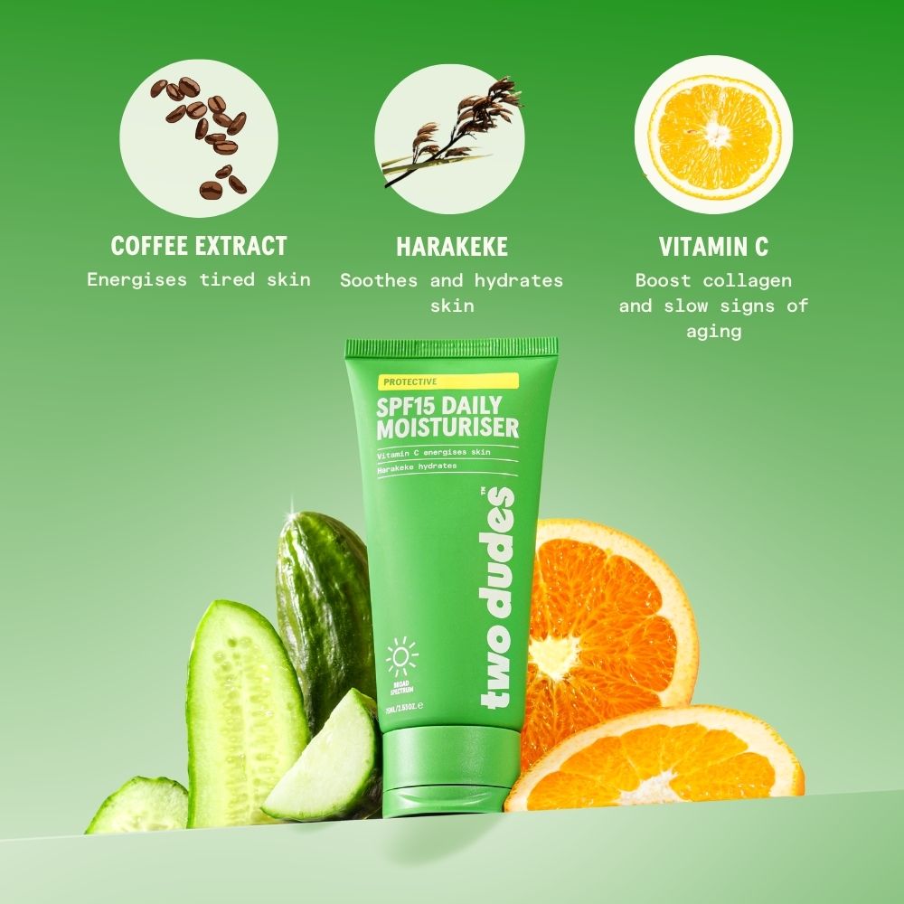 Two Dudes SPF15 daily moisturiser ingredients panel