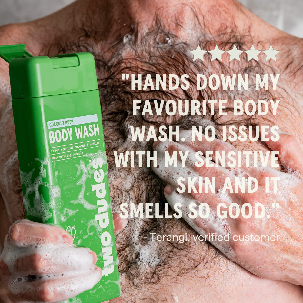 Two Dudes Coconut Rush body wash customer review card