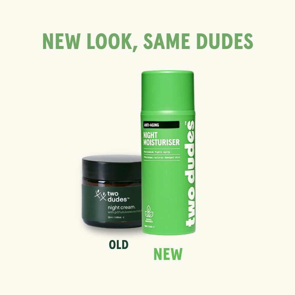 Two Dudes night moisturiser old formula next to the new one