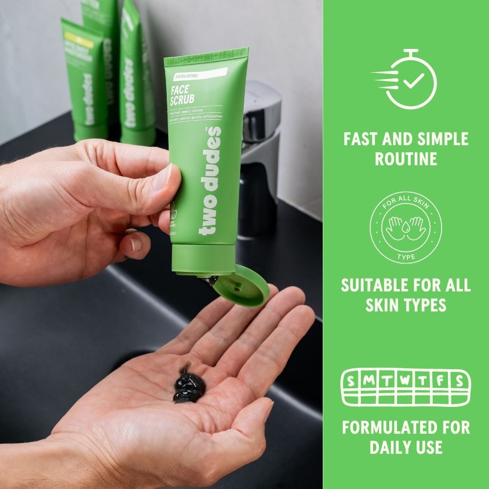 Two Dudes face scrub benefits panel