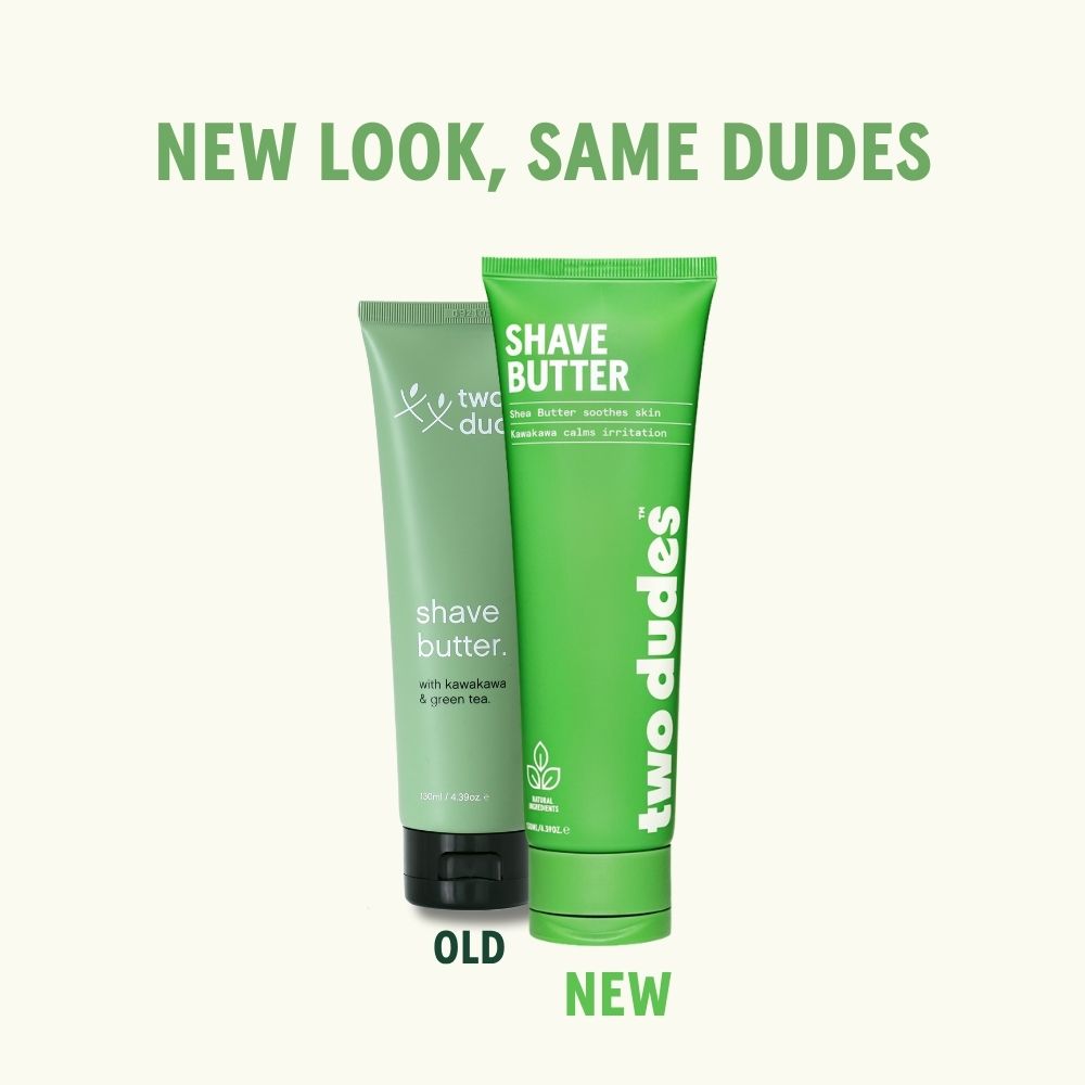 Two Dudes shave butter old formula next to the new one