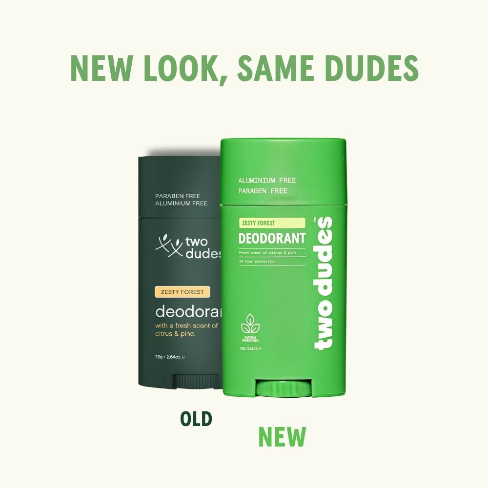Two Dudes Zesty Forest deodorant old formula next to the new one